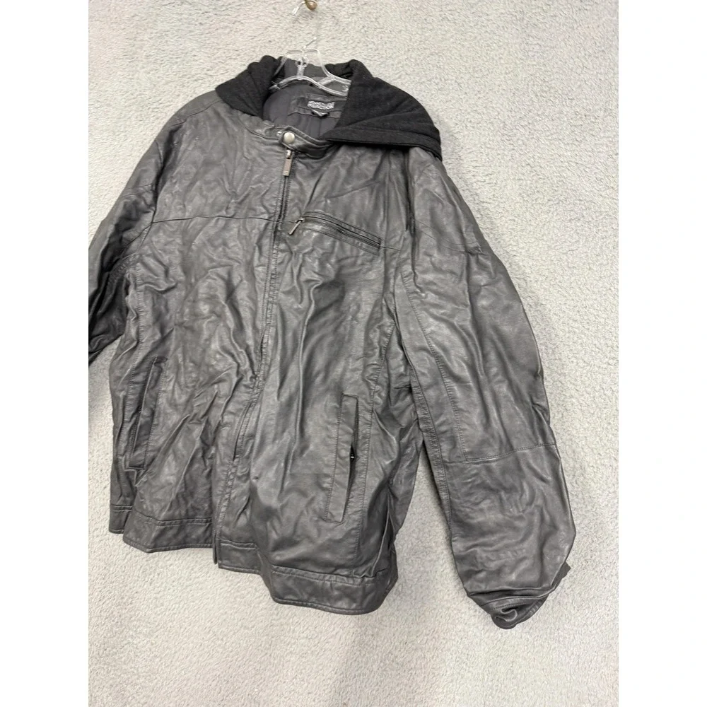 Kenneth Cole Reaction Jacket Mens 2XL Black Faux Leather Hooded Moto Zip‎ Bomber
